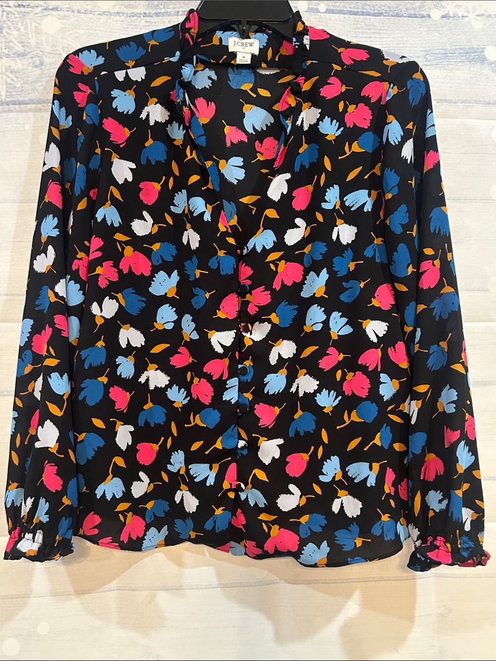 J. Crew Black Blouse with Pink, Blue, White & Gold Floral Print